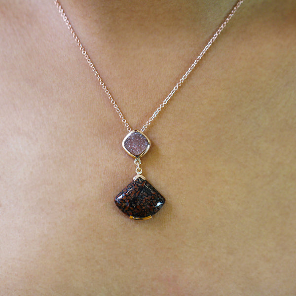 Dinosaur Bone and Peach Druze Necklace