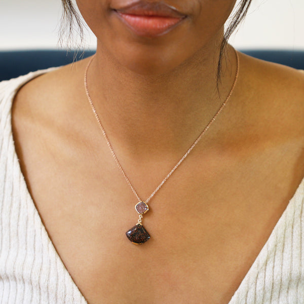 Dinosaur Bone and Peach Druze Necklace